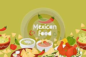 Seamless horizontal border with mexican food. Quesadilla, Tacos, guacamole with nachos, green Soup and Tomato Soup