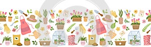 Seamless horizontal border pattern with flowers and gardening tools on white background