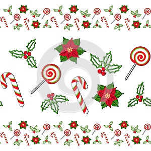 Seamless horizontal border with red and green poinsettia, mistletoe, Christmas Holly berries, candy cane and lollipop