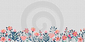 seamless horizontal border with summer colorful wild flowers, floral nature pattern vector illustration