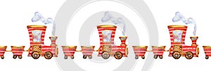 Seamless horizontal border with train, locomotive. Cute kids toy illustration for banners, frames, greeting cards design