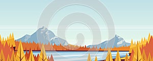 Seamless horizontal fall landscape background. Vector autumn illustration of mountains, hills, meadows, lake and river.