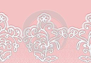 Seamless horizontal lace border with flowers. White lace on a pink background.