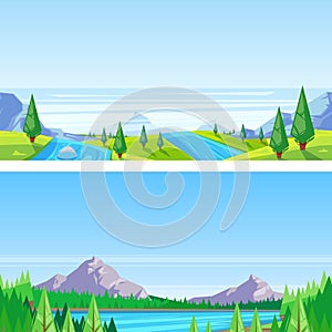 Seamless horizontal landscape background. Vector illustration of mountains, hills, meadows, lake and river.