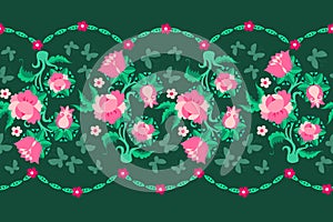 Seamless horizontal pattern with bouquets of fabulous pink flowers and silhouettes of fluttering butterflies on a green background