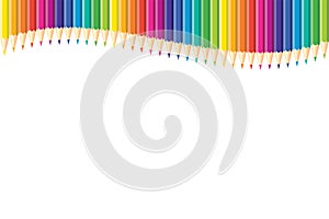 Seamless horizontal pattern Colored pencils arranged in a wave on top with copy space for note, text, on white background. Rainbow