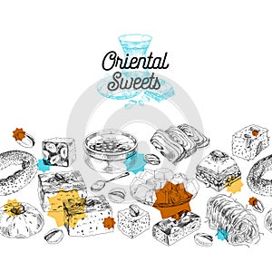 Seamless horizontal pattern composition with oriental sweets, hand drawn retro vector illustration.