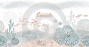 Seamless horizontal pattern with corals, algae, fish, and starfish.