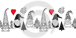 Seamless horizontal pattern with cute hand drawn gnomes and Christmas trees. A Scandinavian style vector background of doodle