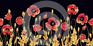 Seamless horizontal pattern. Field poppies of different angles in retro style, hand-made graphics, watercolor