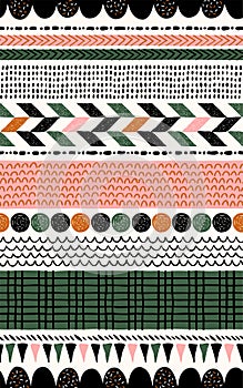 Seamless horizontal stripes background. Creative doodle pattern with circles, herringbone and abstract shapes
