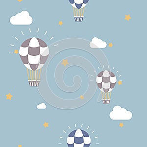 Seamless hot air balloon with sky, cloud  and star repeat pattern background