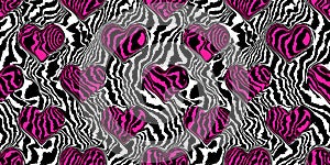 Seamless hot pink psychedelic tiger stripe or zebra skin valentine\'s day hearts contemporary patchwork fashion pattern