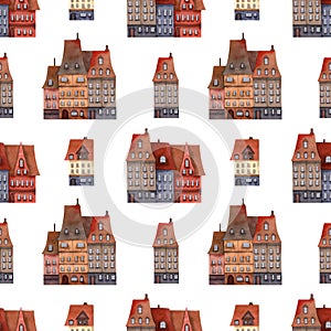 Seamless houses pattern. Watercolor background with brick houses, town street, roof tiles for wrapping paper textile, kids