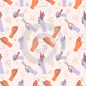 Seamless human hands pattern. Arms hold various stationery. Persons write with pencil. Palms hold pens and cut scissors