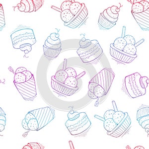 Seamless ice cream colorful pattern, hand-drawn