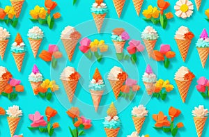 Seamless ice cream cone pattern with floral decorations on a blue background