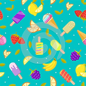 Seamless ice cream pattern. Colorful cartoon background with fruit and ice cream