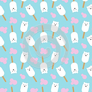 Seamless ice cream pattern Polar bear on a wooden stick, round snow. Flat style. On a blue background. Wrap, label