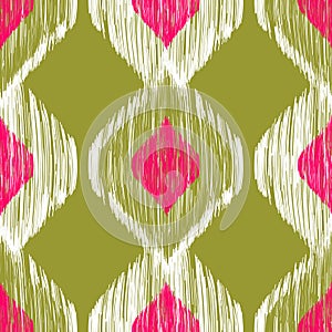 Seamless ikat pattern in pink and khaki colors. Vector tribal background.