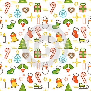 Seamless illustrated Christmas themed line style vector pattern