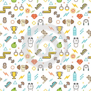 Seamless illustrated fitness themed line style vector pattern