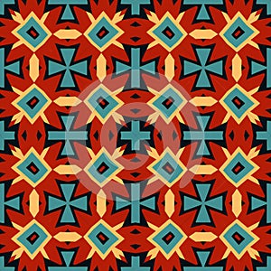 Seamless illustrated pattern made of abstract elements in beige, blue, red and black