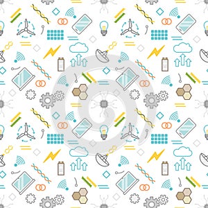 Seamless illustrated technology and science themed line style vector pattern