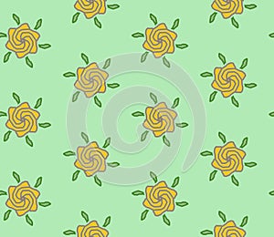 Seamless Illustrated Yellow Flower with Green Leaves Patterns on Green