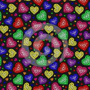 Seamless illustration with abstract cracked hearts, bright colored hearts on dark  background