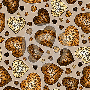 Seamless illustration with abstract cracked hearts, brown cracked hearts on beige background, Sepia