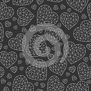 Seamless illustration with abstract cracked hearts, light contoured hearts on dark background