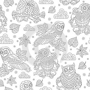 Seamless illustration with abstract owls, leaves and flowers, dark outline illustration on white background