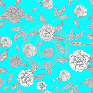 Seamless illustration of blooming peonies on a blue background