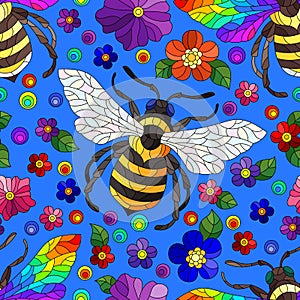 Seamless illustration with bright bees and flowers, insects and flowers on a blue background