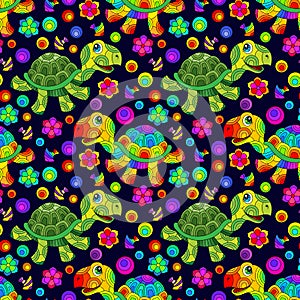 Seamless illustration with bright cartoon fun turtles, flowers and fish, colored animals on a dark background