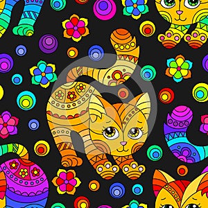 Seamless illustration with bright cats and flowers in stained glass style on a black  background