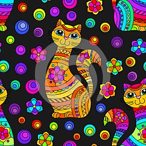 Seamless illustration with bright cats and flowers in stained glass style on a black background