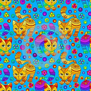 Seamless illustration with  bright cats and flowers in stained glass style on a blue background