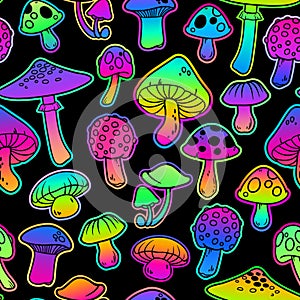 Seamless illustration with bright mushrooms