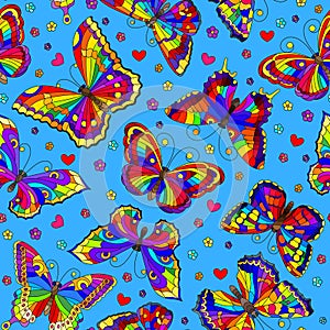 Seamless illustration with  bright rainbow butterflies and flowers on blue  background