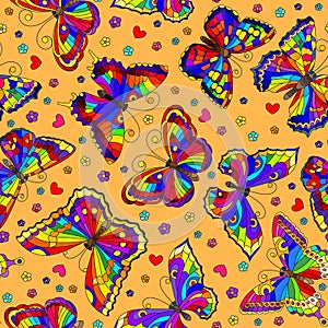 Seamless illustration with bright rainbow butterflies and flowers on an orange  background