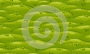 Seamless illustration of a cartoon green lawn with shamrocks and blades of grass