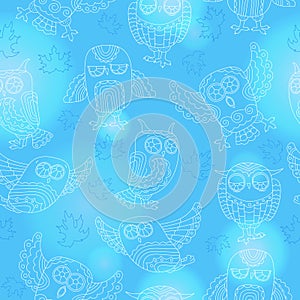Seamless illustration with contour cute owls and autumn leaves,a light outline on a blue background