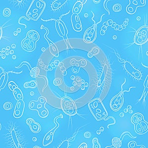 Seamless illustration with contour images of bacteria, germs and viruses on the blue background