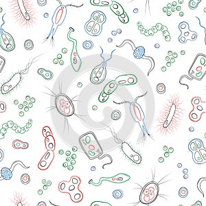 Seamless illustration with contour images of bacteria, germs and viruses , simple colored contour icons on white background