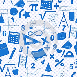 Seamless illustration with formulas and charts on the topic of mathematics and education, a blue silhouettes of icons on the backg
