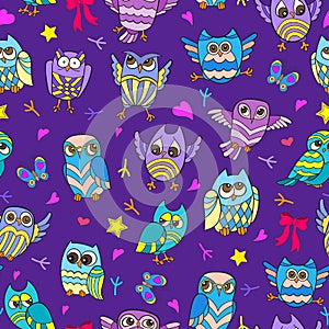 Seamless illustration with funny cartoon owls on a purple background