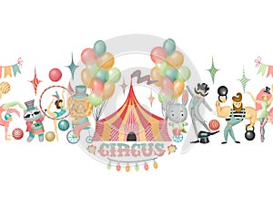 Seamless illustration of hand drawn circus actors, animals and elements of circus or amusement park