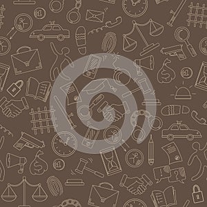 Seamless illustration with hand drawn icons on the theme of law and crimes, beige outline on a brown background
